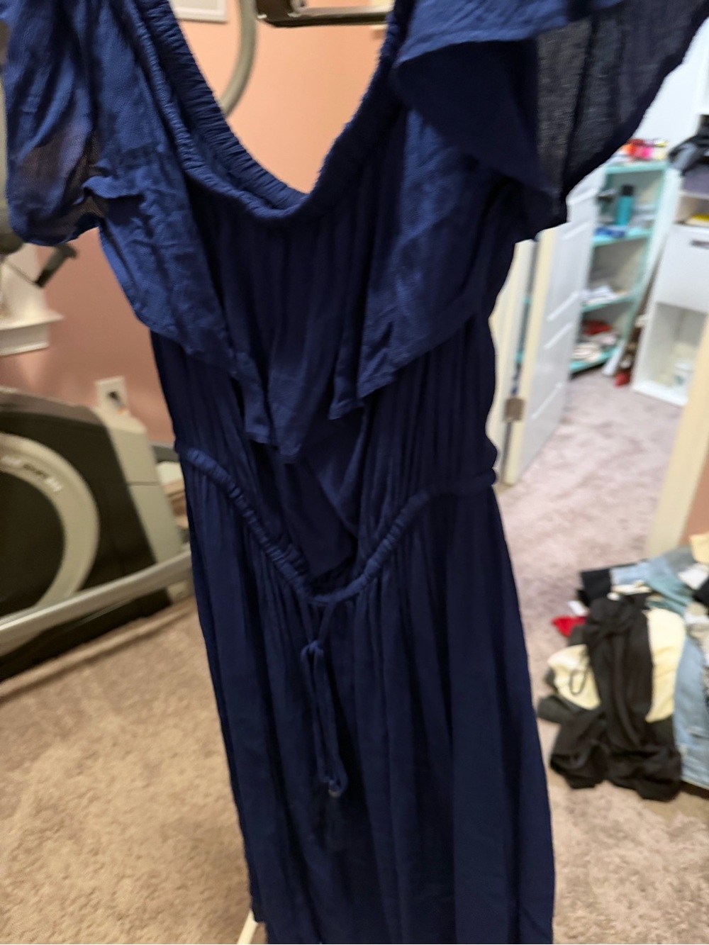 Women's Navy Blue Ruffled V-Neck Dress